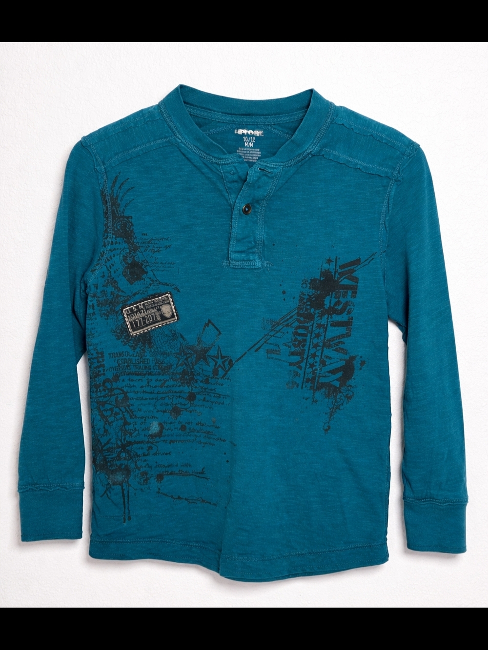 Long-Sleeve Teal Graphic Henley Top for Kids